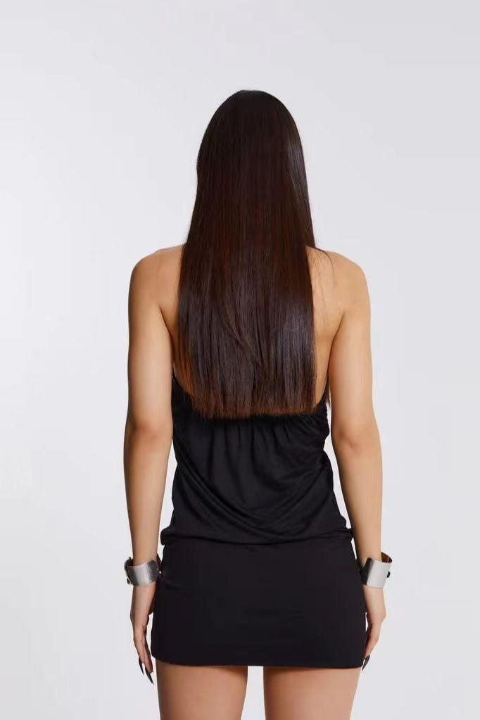 Y2K Metal Ring Halter Backless Draped Slim Bodycon Dress