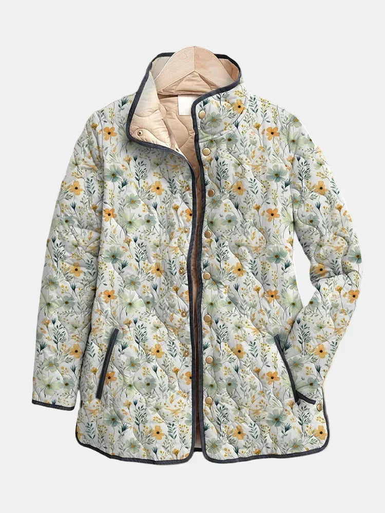 Multicolour Stand Collar Wildflower Print Quilted Button Jacket