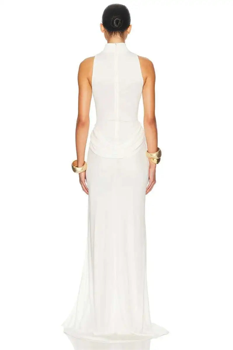 Turtleneck Off-Shoulder Sleeveless Pleated Maxi Dress