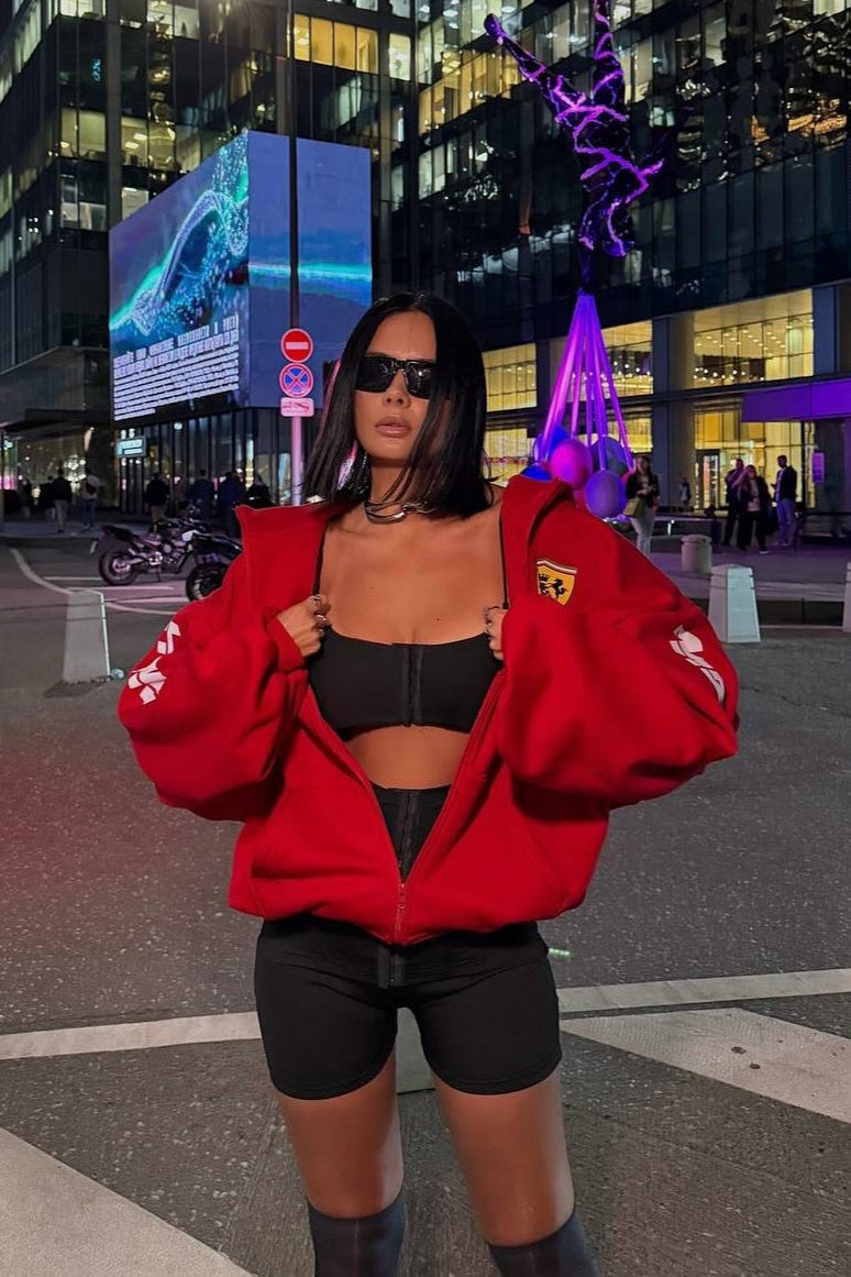 Oversized Zip-Up Logo Letter Print Hoodie