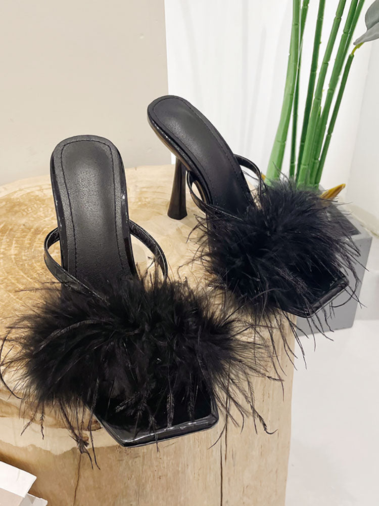 Feather Trim Square Toe Stiletto High Heel Mules