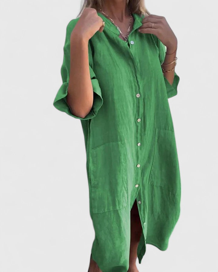 Collared Button Front Short Sleeve Linen Pocket Shirt Midi Dress