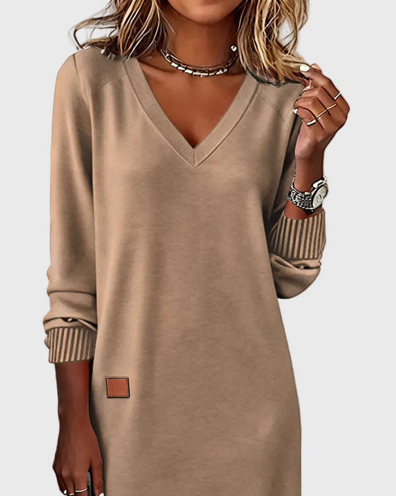 V-Neck Long Sleeve Ribbed Cuff Sweatshirt Shift Mini Dress