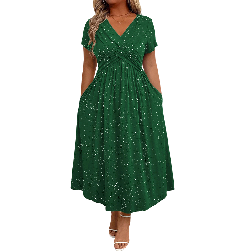 Surplice V-Neck Twist Front Short Sleeve Glitter A-Line Maxi Dress