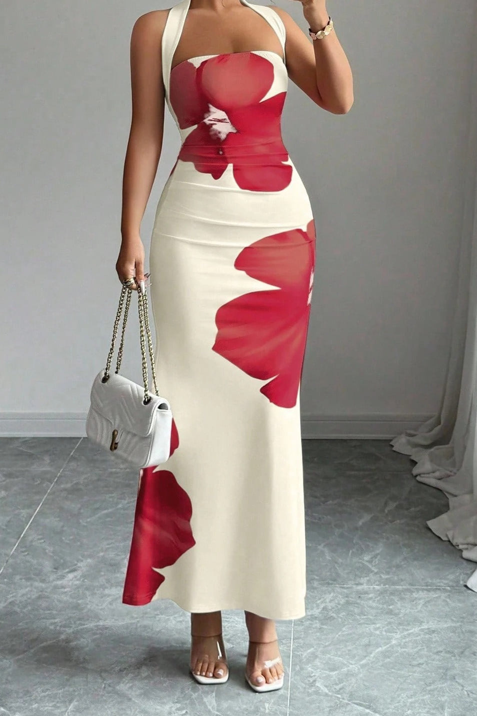 Halter Neck Wide Strap Large Floral Print Bodycon Maxi Dress 3