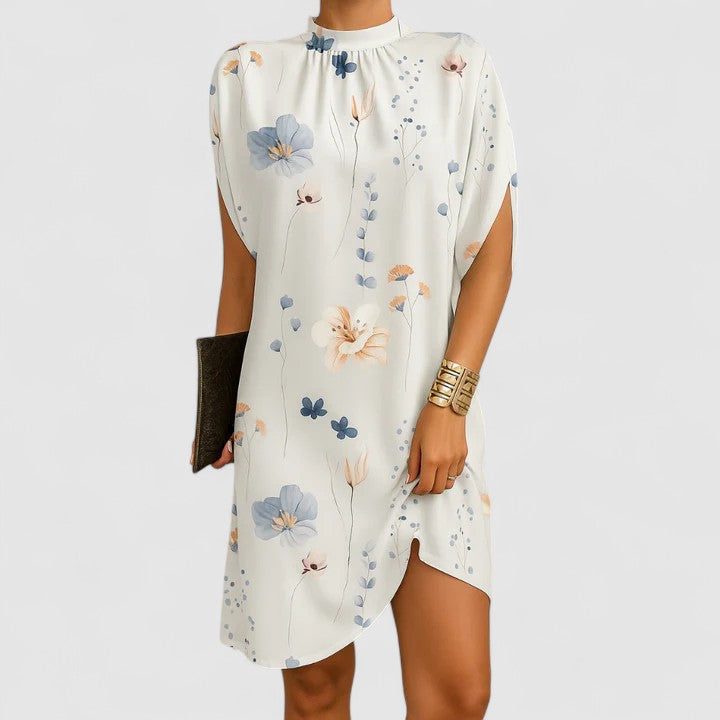 Mock Neck Gathered Cape Sleeve Curved Hem Shift Mini Dress