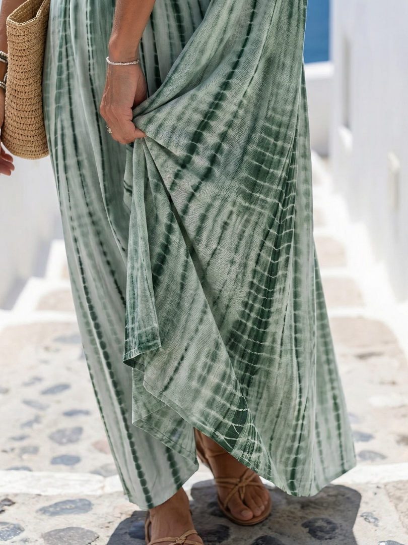 V-Neck Spaghetti Strap Tie-Dye Twist Front Empire Flowy Maxi Dress