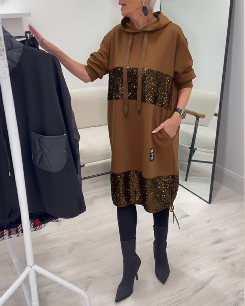 Hooded Drawstring Sequin Patchwork Panel Pocket Sweatshirt Midi Dress