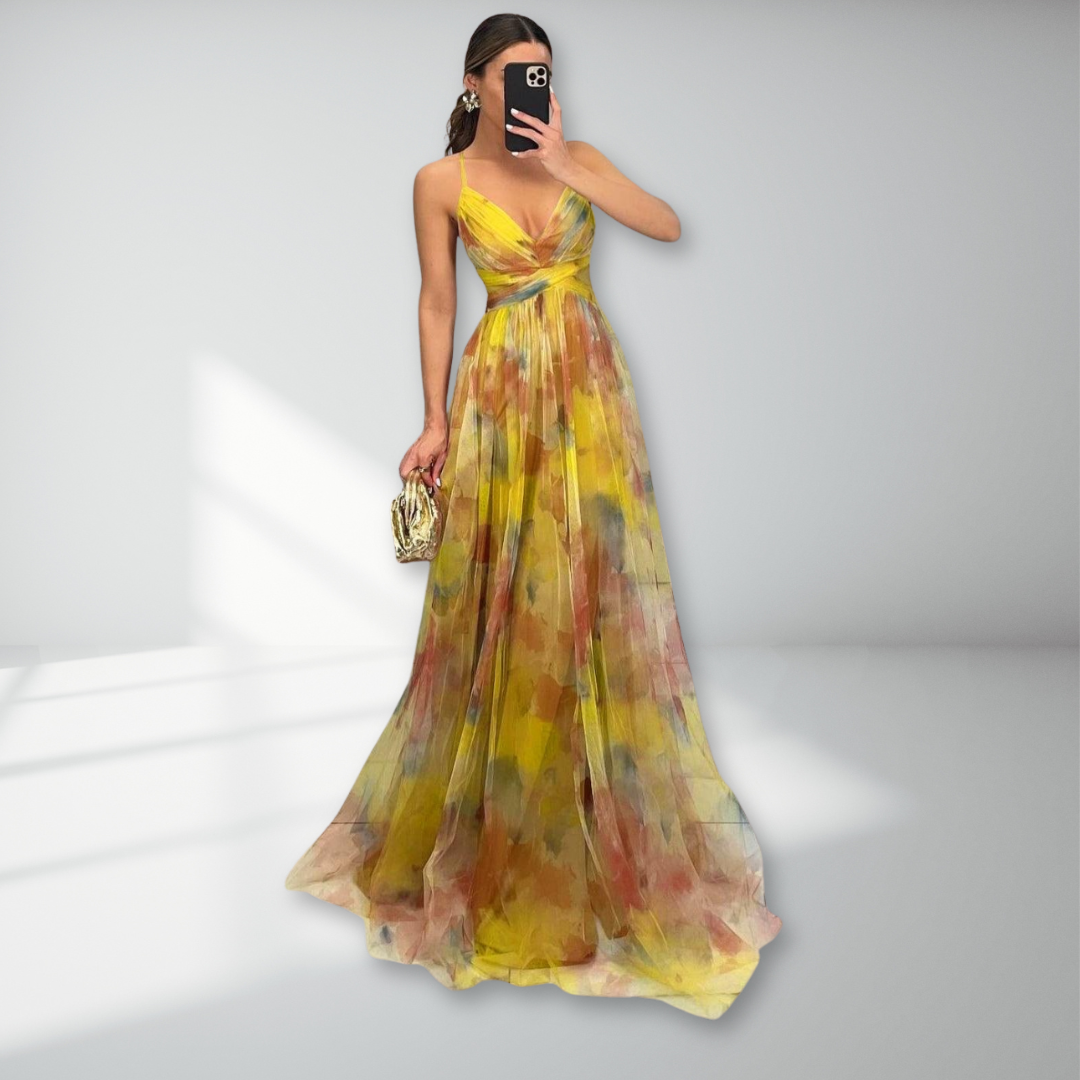 Spaghetti Strap V-Neck Floral Tulle Ruched Waist A-Line Maxi Dress