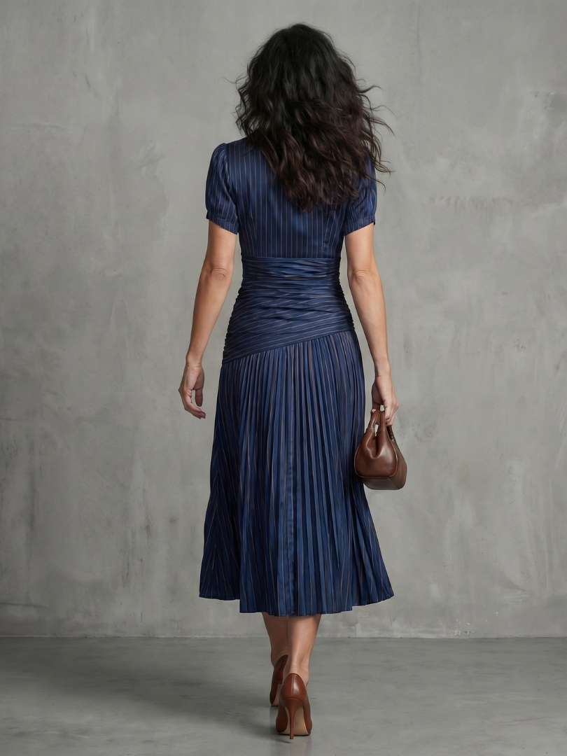 Collared Pinstripe Short Sleeve Ruched Waist Pleated Midi Dress