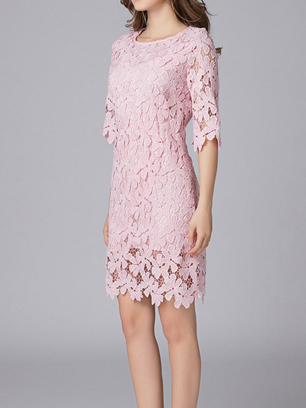 Pink Round Neck Floral Crochet Lace Scalloped Hem Shift Mini Dress 3