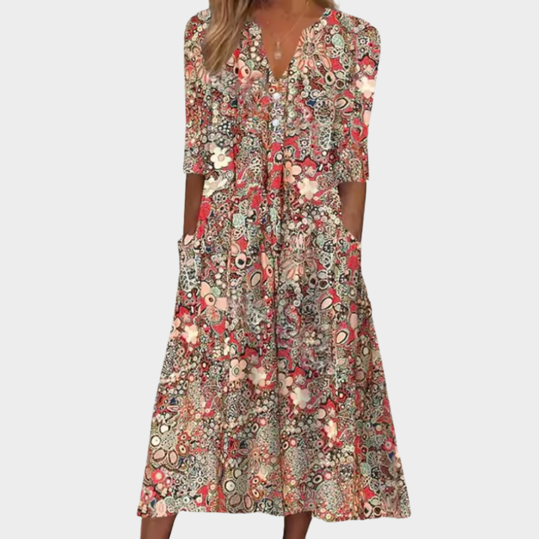 Notched V-Neck Half Sleeve Floral Paisley Pocket A-Line Midi Dress