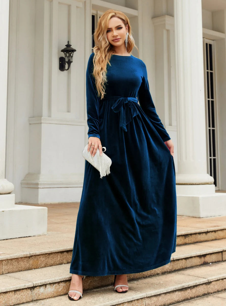 Velvet Long Sleeve Dress - Solid Color S / Blue