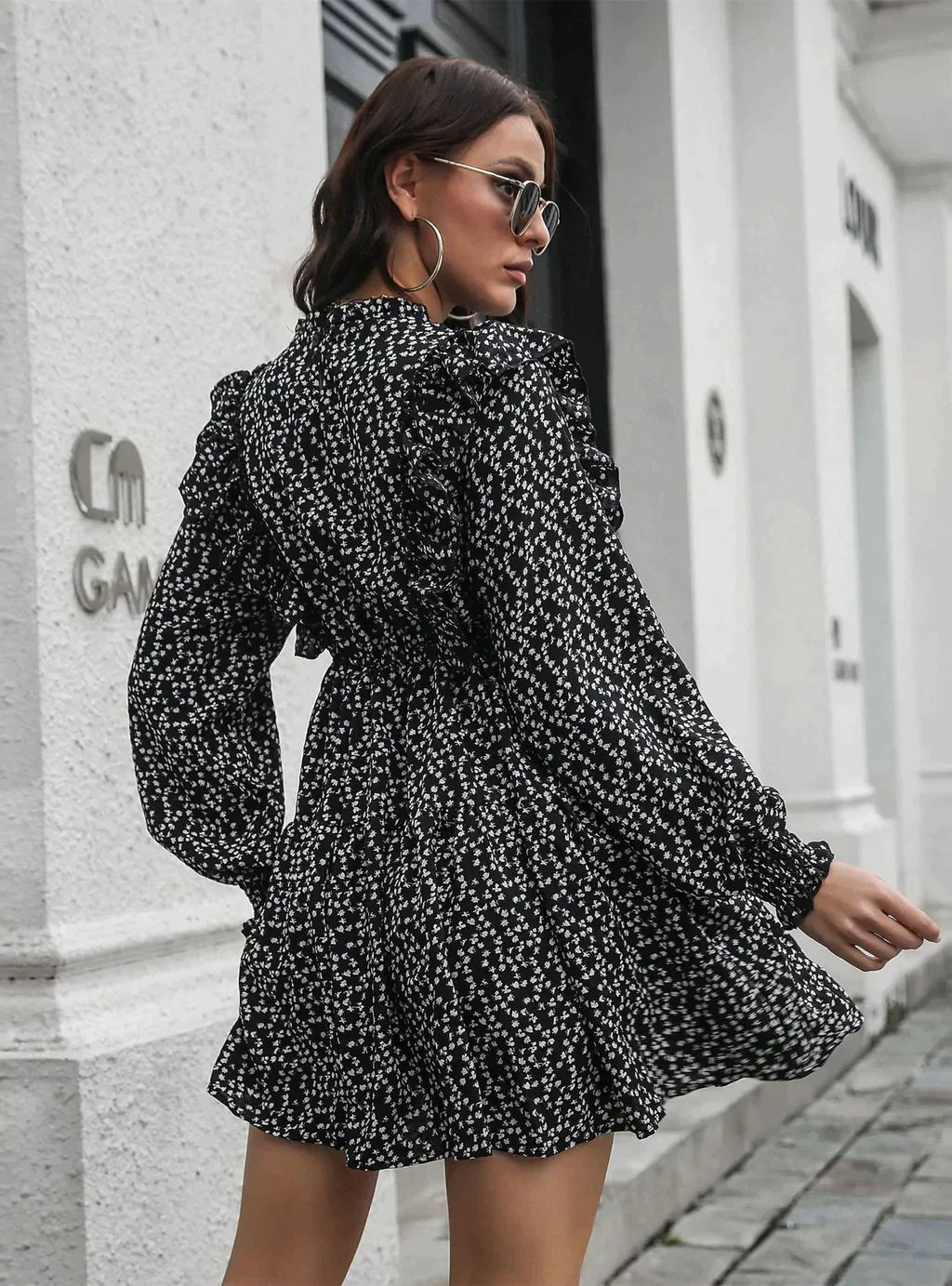 Wood Ear Collar Long Sleeve Printed Dress With Ruffled Detail Xl / Black Dresses