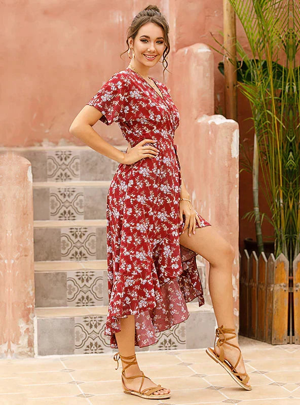 Chiffon V-Neck Flowered Dress S / Yellow