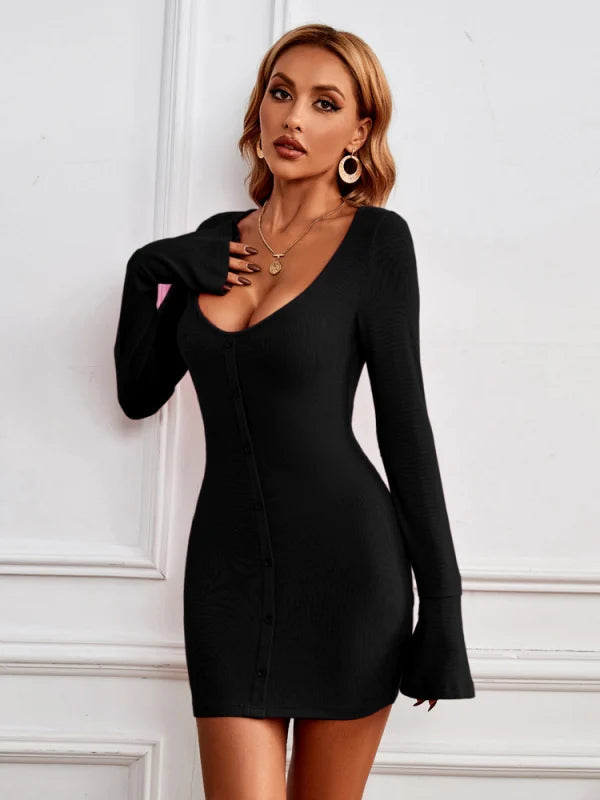 Single-Breasted Knitted Long-Sleeved Dress L / Fuchsia