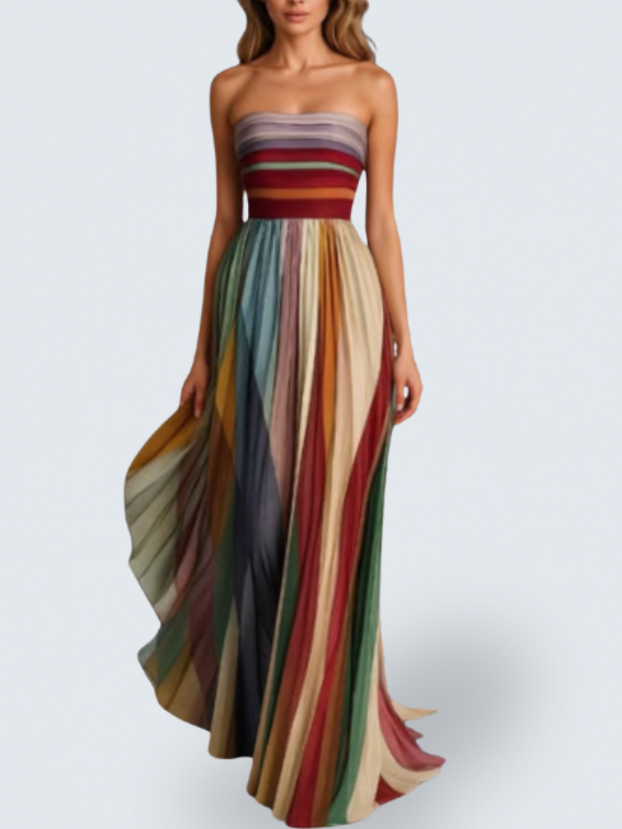 Multicolor Strapless Striped Colorblock Pleated Flowy A-Line Maxi Dress