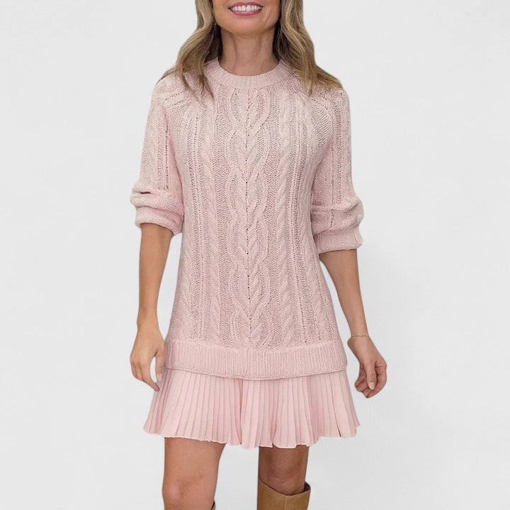 Crew Neck Cable Knit Pleated Hem Long Sleeve Sweater Dress