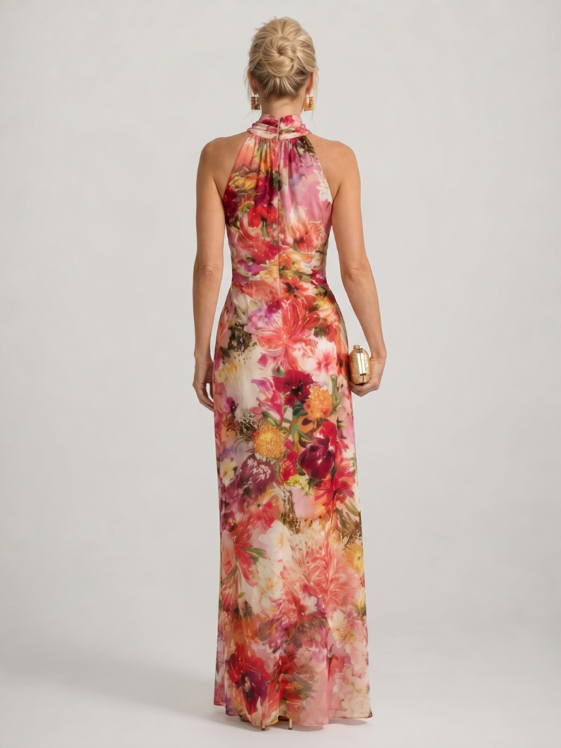 Floral Halter High Neck Floral Print Chiffon Draped Flowing Maxi Gown