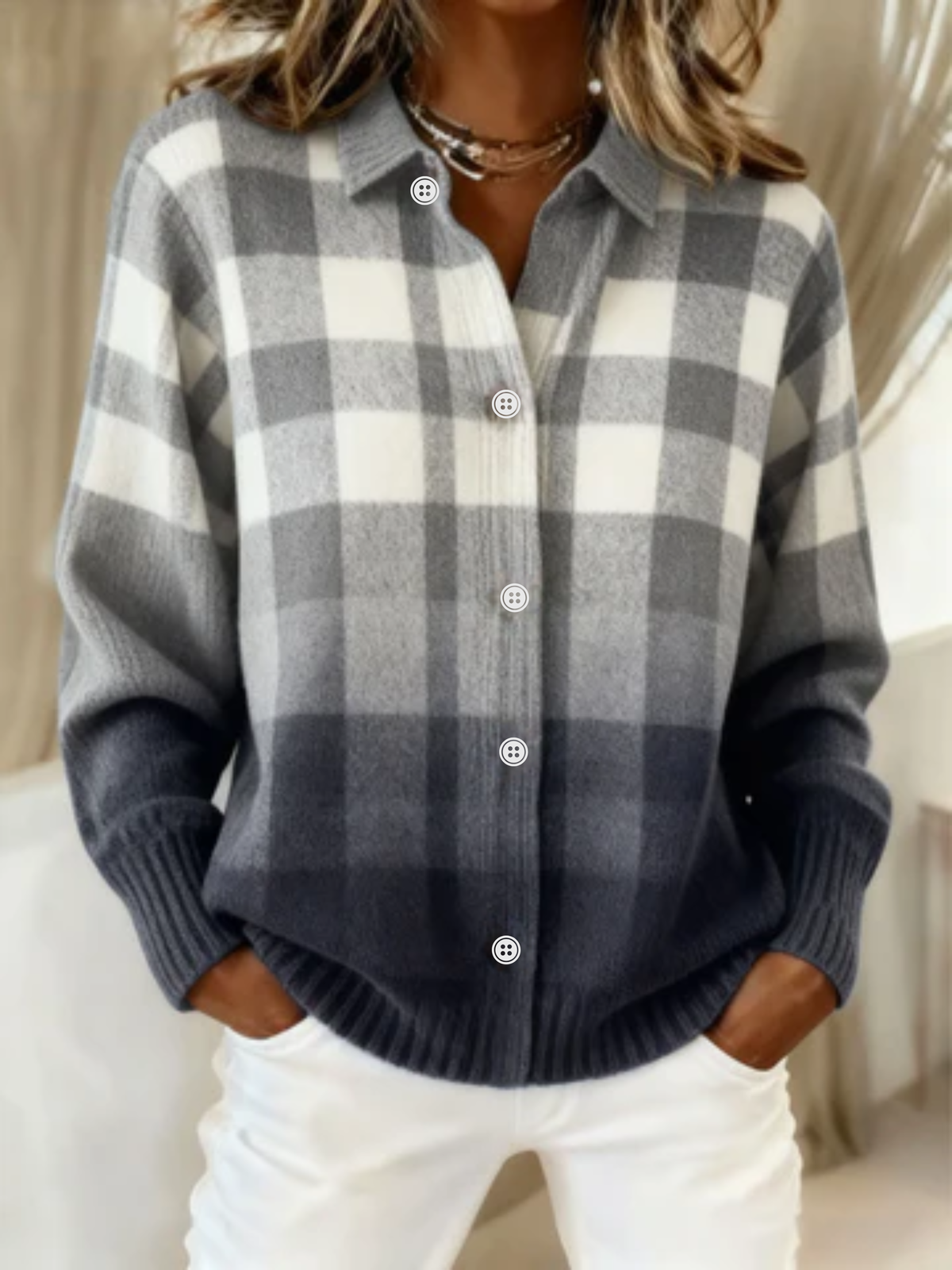 Multicolor Collared Gradient Buffalo Check Knit Button-Front Long Sleeve Shirt