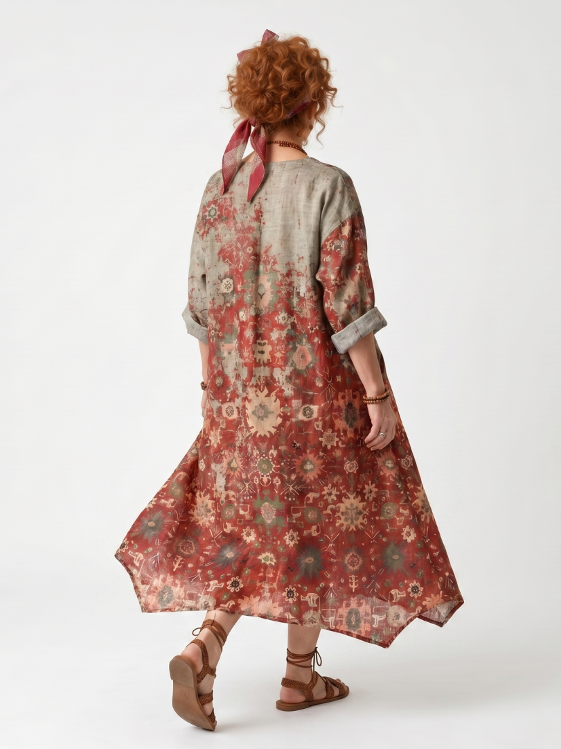 Multicolor Split V-Neck Tapestry Print Roll Sleeve Relaxed Pocket Midi Dress 4