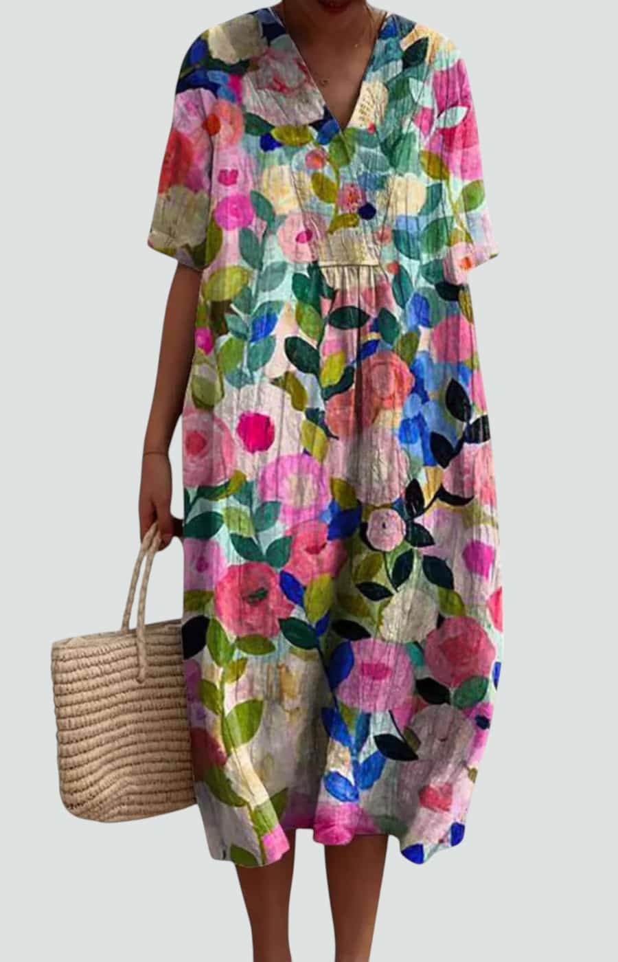 V-Neck Floral Print Short Sleeve Relaxed Cocoon Midi Dress
