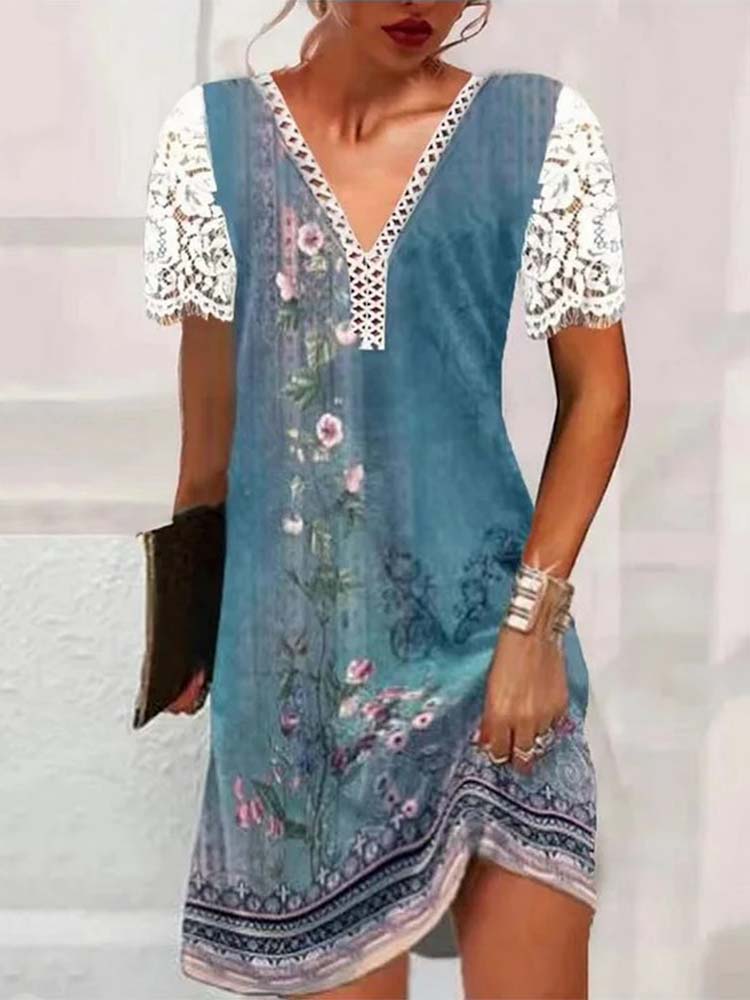 Floral Lace Patchwork V-Neck Short Sleeve Mini Dress