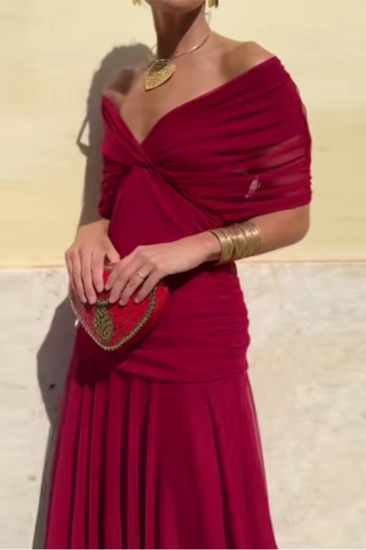 V-Neck Wrap Ruched Mesh Flutter Sleeve Flowing Maxi Dress