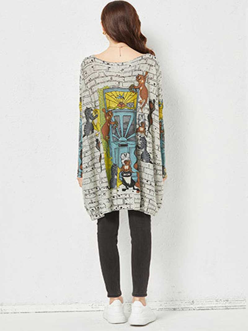 Grey Scoop Neck Novelty Graphic Print Long Sleeve Knit Tunic Top
