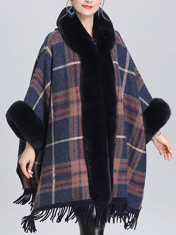 Faux Fur Trim Plaid Tassel Hem Cape Poncho Cardigan