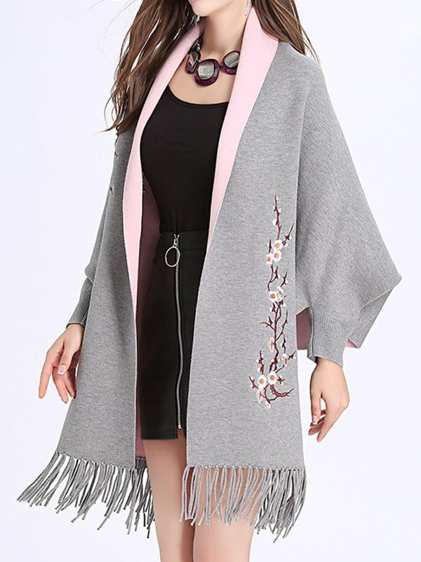 Floral Embroidered Contrast Border Fringe Shawl Cardigan