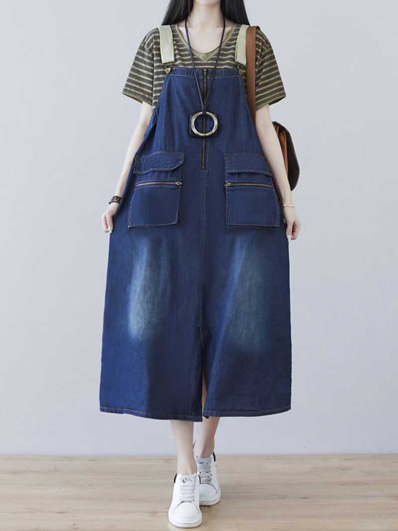 Dark Blue Adjustable Strap Washed Denim Pocket Overall Midi Dress
