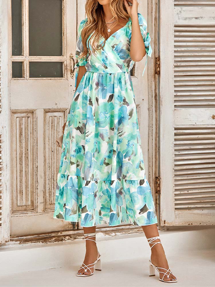 Sweet Short Sleeve Print Midi Dress