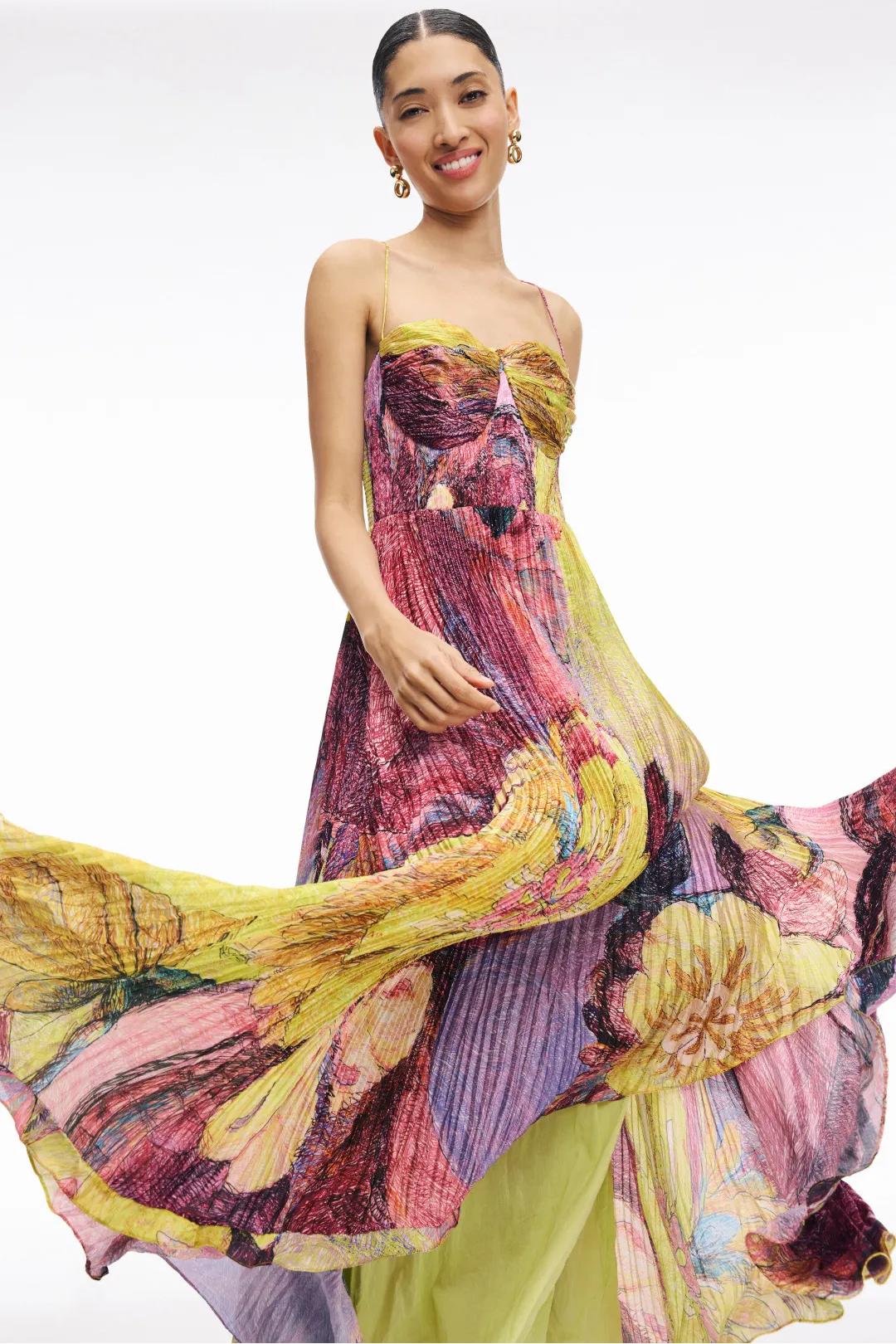 Kiara Multicolored Spaghetti Strap Floral Pleated Cutout Waist Flowy Maxi Dress