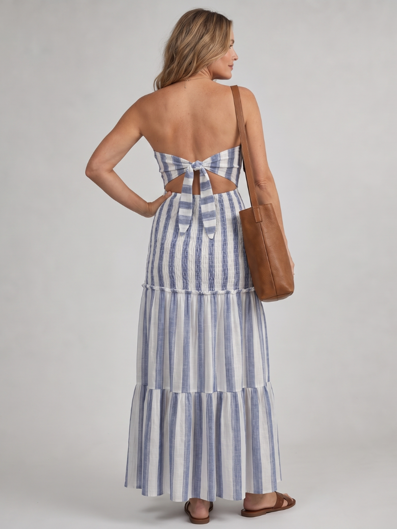 Striped Strapless Sweetheart Striped Tie Front Cutout Waist Tiered Maxi Dress 4