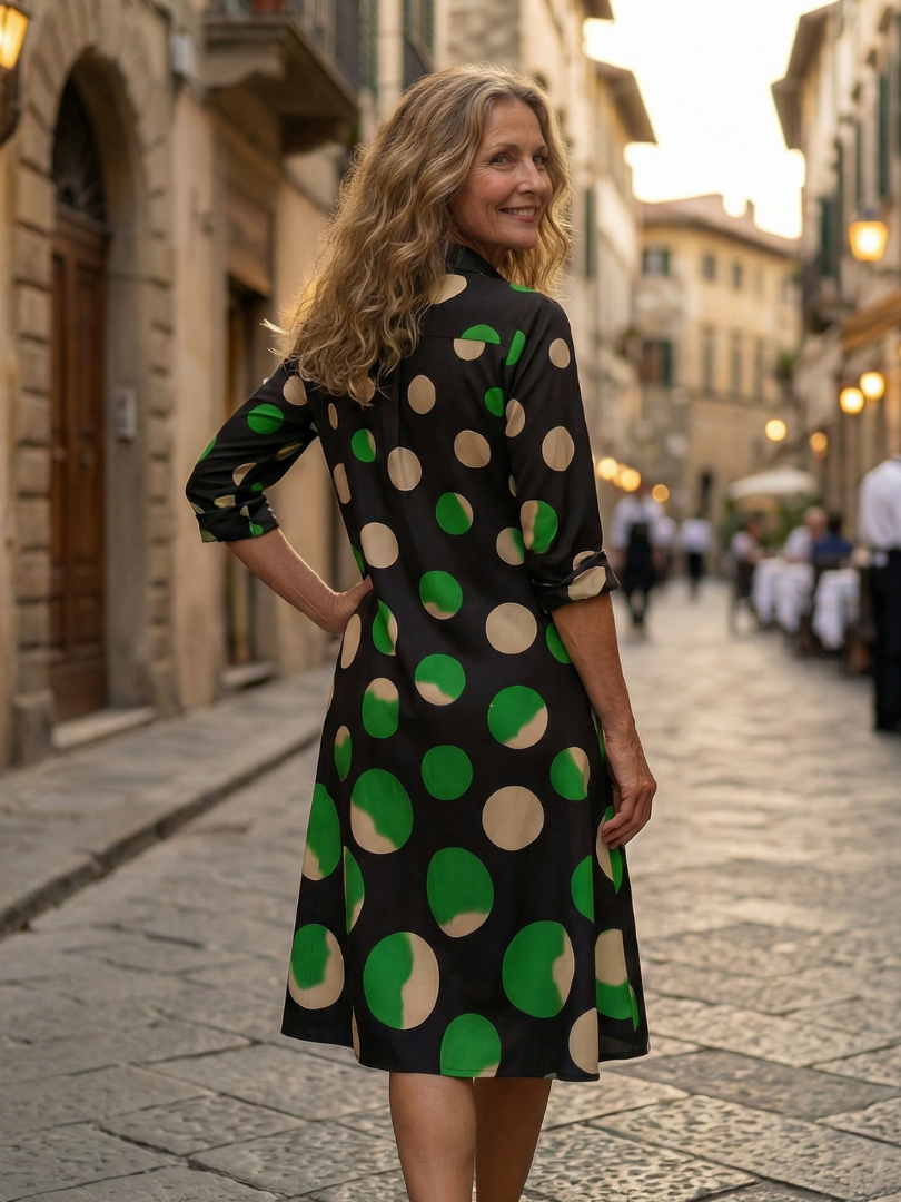 Black Collared Half Placket Polka Dot Three-Quarter Sleeve Shirt Midi Dress