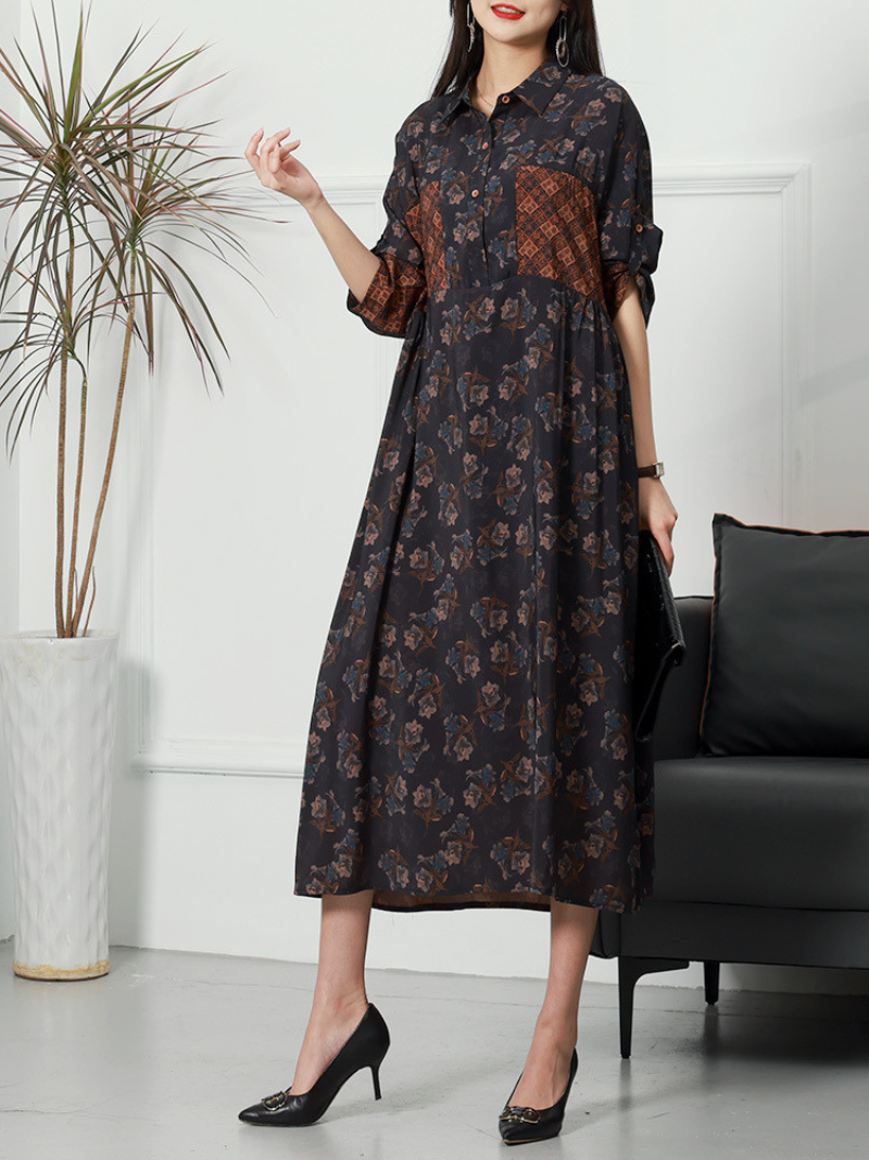 Blue Collared Roll-Up Sleeve Floral Patchwork Button Loose Shirt Midi Dress