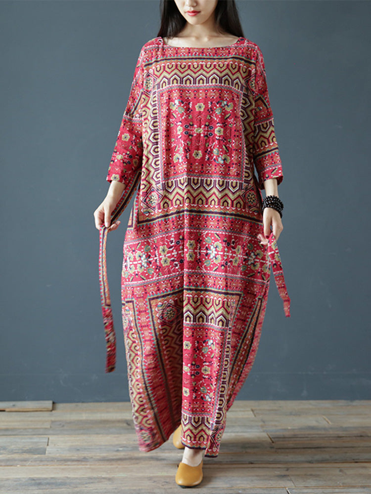 Red Round Neck Ethnic Print Tie Waist Loose Kaftan Maxi Dress