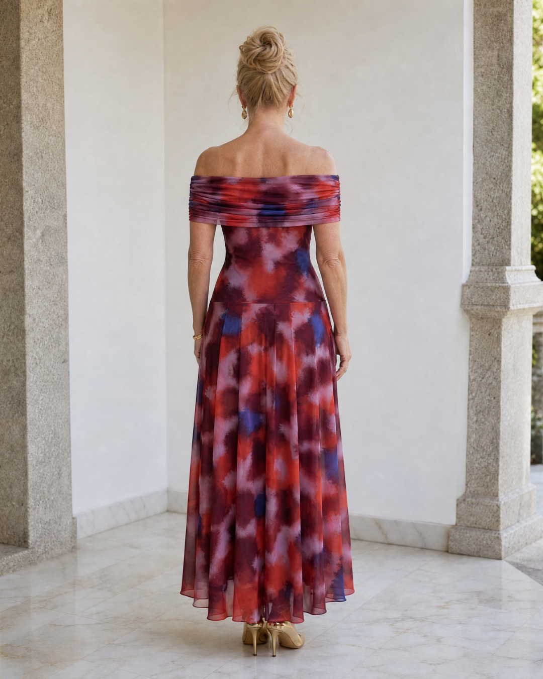 Multicolor Off-Shoulder Ruched Watercolor Print Pleated A-Line Midi Dress