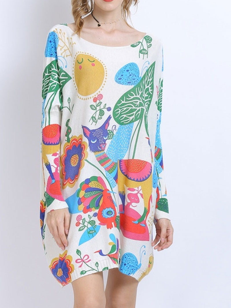 Boat Neck Abstract Print Long Sleeve Knit Mini Dress