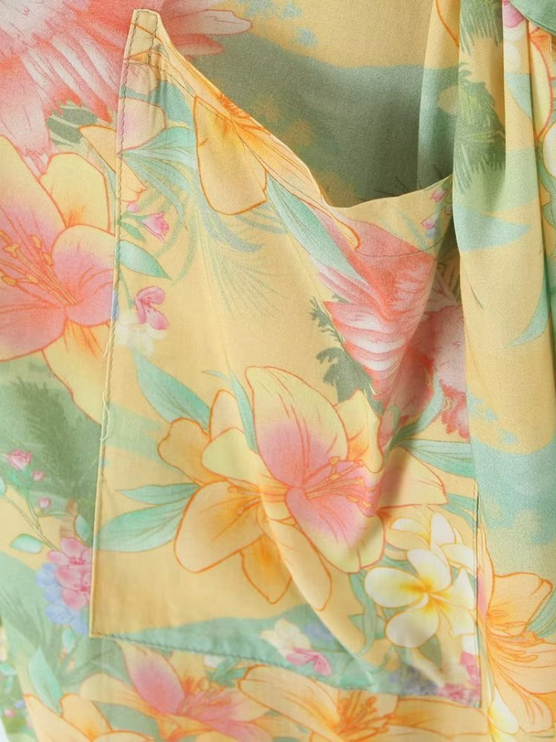 Yellow Tropical Floral Belted Short Sleeve Long Kimono Robe 5