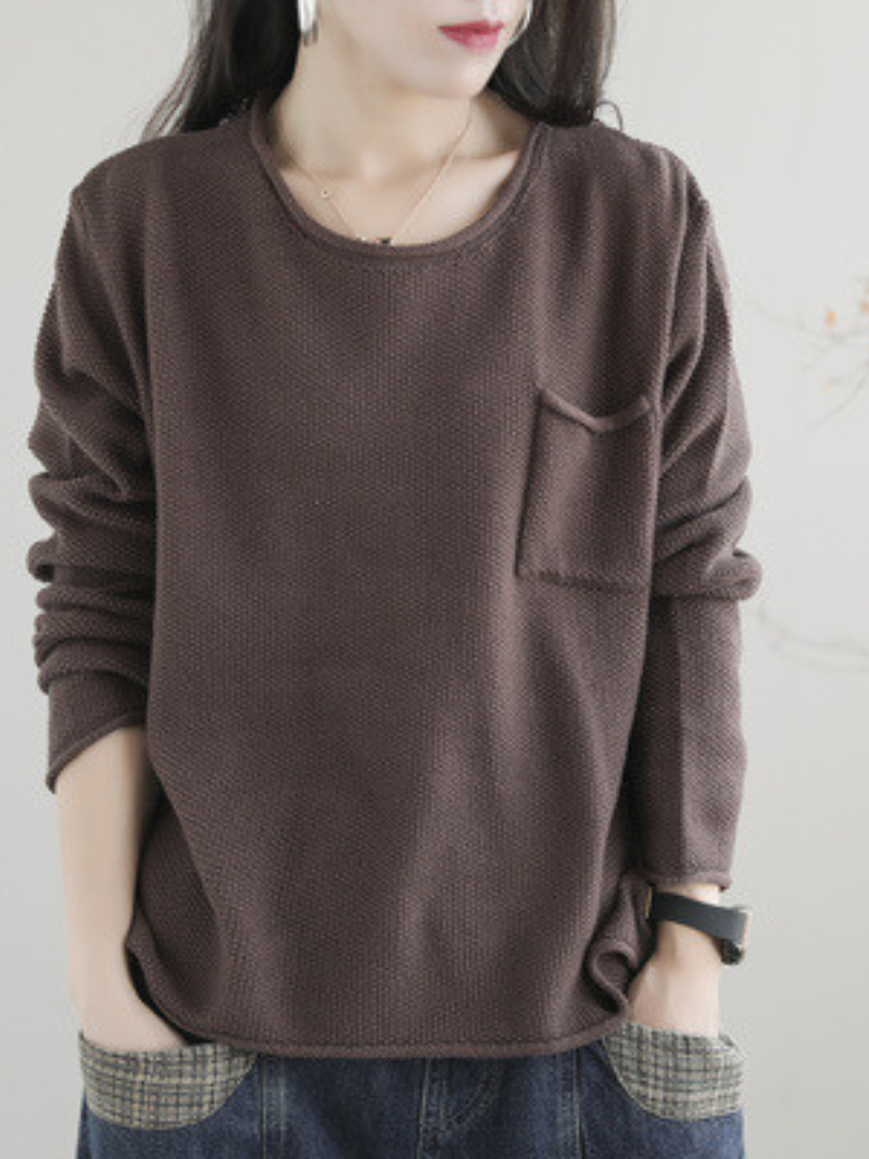 Round Neck Patch Pocket Long Sleeve Loose Knit Sweater