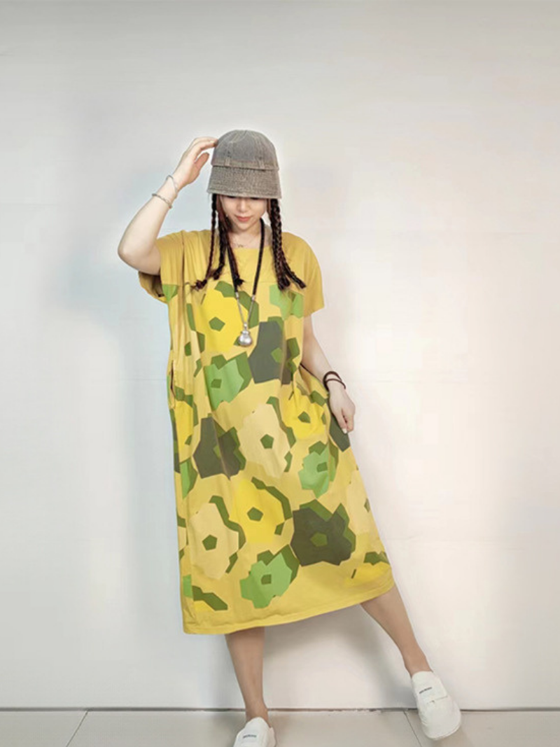 Round Neck Abstract Floral Print Short Sleeve Loose Cocoon Midi Dress 5