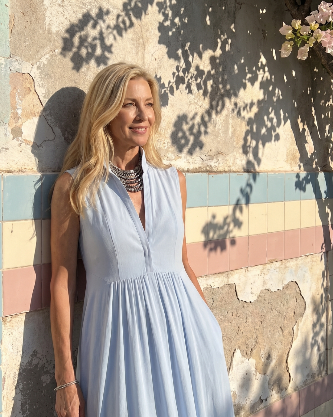 Sky Blue High Collar V-Neck Sleeveless Flowy A-Line Maxi Dress