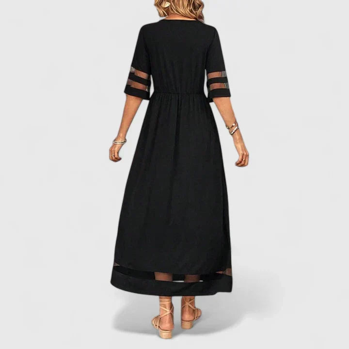 Round Neck Mesh Stripe Sleeve Empire Waist A-Line Maxi Dress