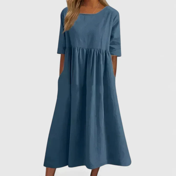 Round Neck Half Sleeve Textured Pleated Pocket A-Line Midi Dress