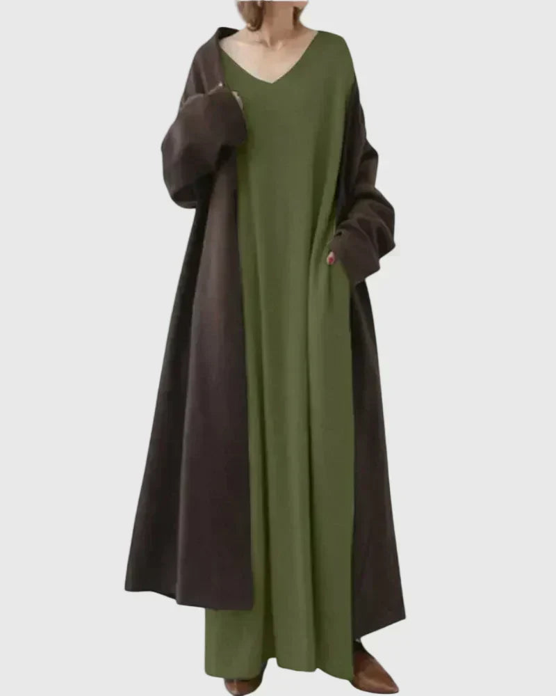 V-Neck Long Sleeve Batwing Loose Knit Side Slit Maxi Dress
