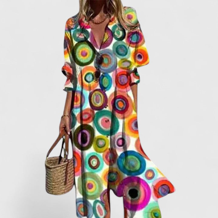 Collared Button Front Leaf Print Long Sleeve Flowy Maxi Shirt Dress 7