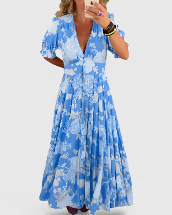 V-Neck Floral Print Puff Sleeve Button Front Tiered Maxi Dress