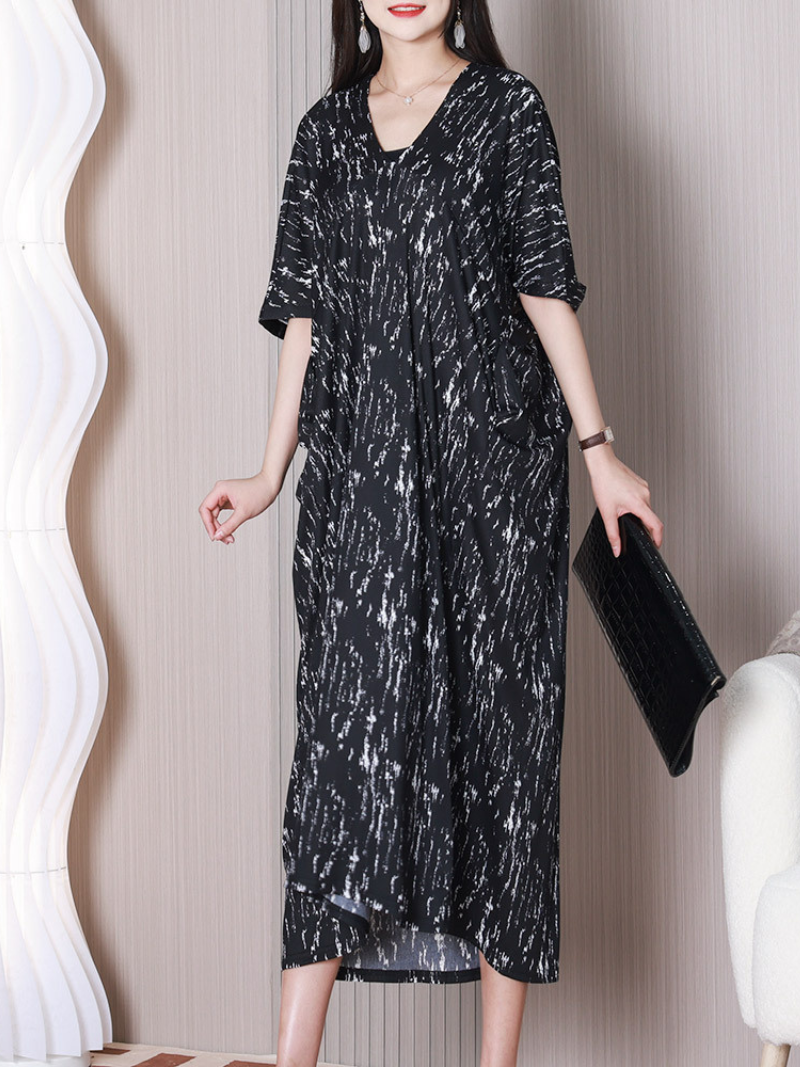 Round Neck Batwing Sleeve Zebra Print Loose High-Low Midi Dress